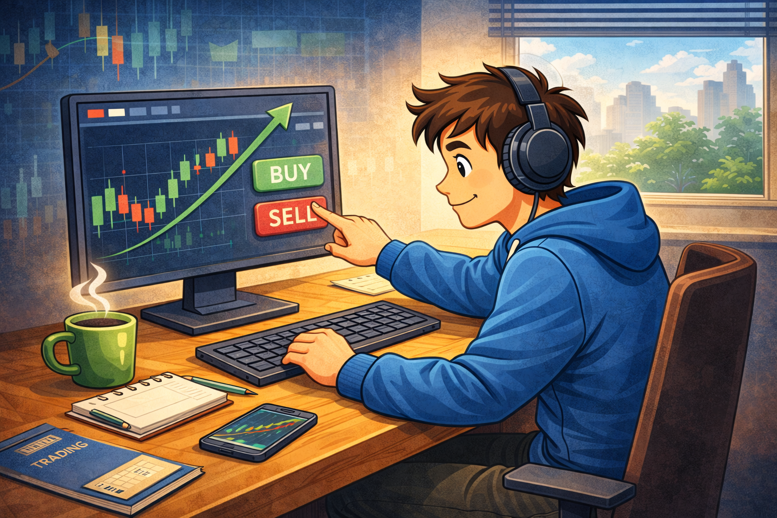 Illustration of a beginner trader at a computer simulating a stock purchase and evaluating a simple chart
